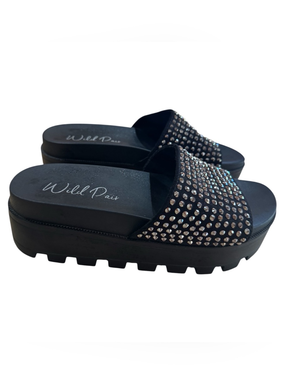 Wild Pair Black Crystal-Embellished Platform Slide Mules